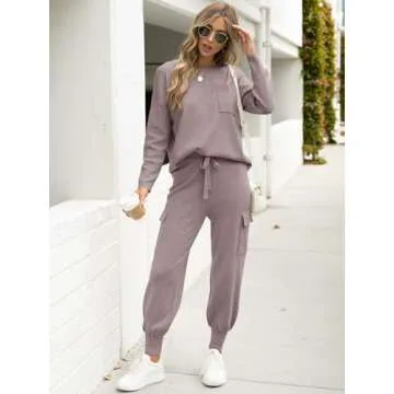 Caracilia Women's Two Piece Outfits Sweater Sets Long Sleeve Knit Tops Matching Cargo Jogger Pants 2...