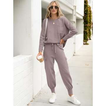 Caracilia Women's Two Piece Outfits Sweater Sets Long Sleeve Knit Tops Matching Cargo Jogger Pants 2024 Fall Lounge Sets Khaki Medium