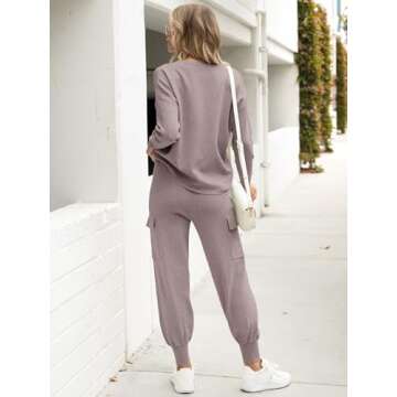 Caracilia Women's Two Piece Outfits Sweater Sets Long Sleeve Knit Tops Matching Cargo Jogger Pants 2024 Fall Lounge Sets Khaki Medium