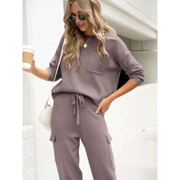 Caracilia Women's Two Piece Outfits Sweater Sets Long Sleeve Knit Tops Matching Cargo Jogger Pants 2024 Fall Lounge Sets Khaki Medium