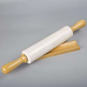 Creative Home Deluxe Natural Champagne Marble Rolling Pin with Wooden Handles and Cradle for Baking Bread Pastry Cookies Pizza Pie, 2.3" Diam. x 18” L, Beige
