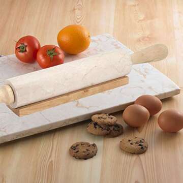 Creative Home Deluxe Natural Champagne Marble Rolling Pin with Wooden Handles and Cradle for Baking Bread Pastry Cookies Pizza Pie, 2.3" Diam. x 18” L, Beige