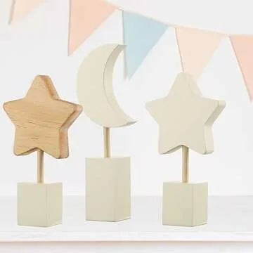 Barydat 3 Pcs Wooden Nursery Shelf Decor Boho Moon and Star Nursery Decor Set Cute Bohemian Children Baby Kids Decor for Nurseries Bedroom Kindergarten Classroom Playroom Boys Girls