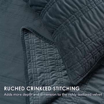 EVERGRACE Velvet Quilt Queen Size, Luxury Velvet Bedding Set, Ultra Soft Ruched Quilt Sets, Lightweight Velvet Comforter Set, Vintage Textured Velvet Bedspread Coverlet with 2 Shams, Stormy Blue