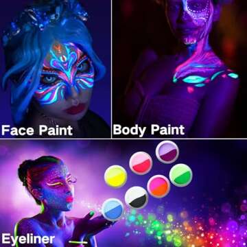 MEICOLY Water Activated Eye Liner 14 Colors,Neon UV Rainbow Face Paint,7 Cakes Duo Color Water Activated Eyeliner,Halloween Hydra Liner,Matte Graphic Eyeliner, Glow Blacklight Black White Body Paint