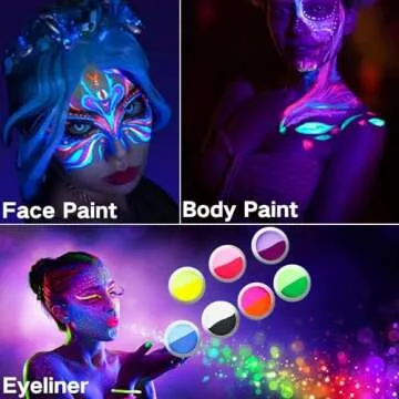 MEICOLY Water Activated Eye Liner 14 Colors,Neon UV Rainbow Face Paint,7 Cakes Duo Color Water Activated Eyeliner,Halloween Hydra Liner,Matte Graphic Eyeliner, Glow Blacklight Black White Body Paint