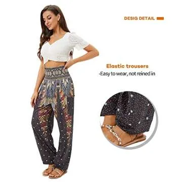 QIANXIZHAN Women's Harem Pants, High Waist Yoga Boho Trousers with Pockets Black Flower M