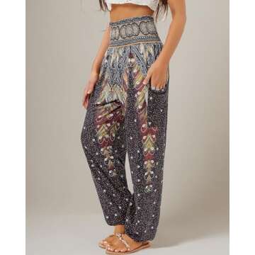 QIANXIZHAN Women's Harem Pants, High Waist Yoga Boho Trousers with Pockets Black Flower M