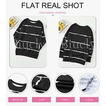 Biucly Womens Casual Fashion Crewneck Sweatshirt Loose Striped Printed Long Sleeve Tee Shirts Lightweight Soft Oversized Sweatshirts Pullover Tops Shirt,US 4-6(S),Black