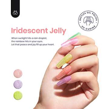 Beetles Gilitter Jelly Gel Nail Polish, 6pcs Rainbow Crystal Glitter Blue Green Purple Color Gel Pol...