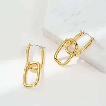WOWORAMA Gold Chain Link Earrings for Women 14K Gold Long Paperclip Dangle Drop Earrings Double Squa...