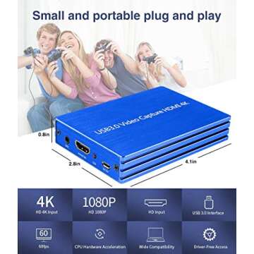 PUTELTAL 4K HDMI to USB 3.0 Video Capture Card Dongle 1080P Full HD Video Recorder for OBS Gaming Live Streaming HD Capture Box for PS3 PS4 Xbox Wii U & More