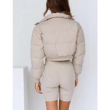 Arssm Cropped Puffer Jacket Women Winter Lightweight Quilted Jacket Warm Full Zip Short Bubble Coat Outerwear (Beige-L)
