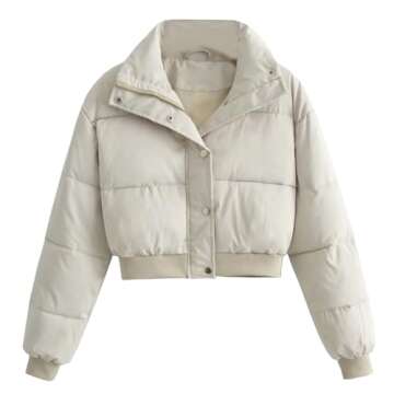 Arssm Cropped Puffer Jacket Women Winter Lightweight Quilted Jacket Warm Full Zip Short Bubble Coat Outerwear (Beige-L)
