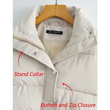 Arssm Cropped Puffer Jacket Women Winter Lightweight Quilted Jacket Warm Full Zip Short Bubble Coat Outerwear (Beige-L)