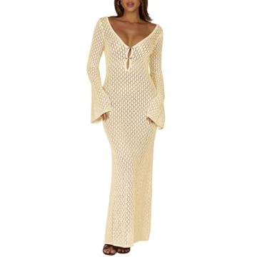 Saodimallsu Womens Crochet Maxi Cover Up Dress Beach Swim Vacation Coverups Long Sleeve Sexy Bodycon...