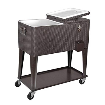 80 Quart Qt Rolling Cooler Ice Chest Cart for Outdoor Patio Deck Party, Dark Brown Wicker Faux Ratta...