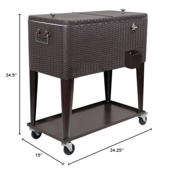 80 Quart Qt Rolling Cooler Ice Chest Cart for Outdoor Patio Deck Party, Dark Brown Wicker Faux Rattan Tub Trolley, Portable Backyard Party Drink Beverage Bar, Wheels with Shelf & Bottle Opener