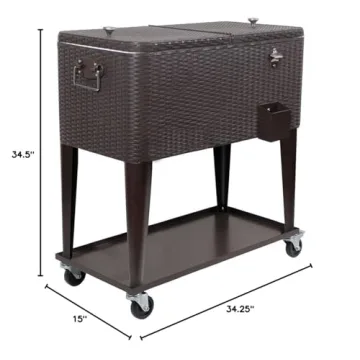 80 Quart Qt Rolling Cooler Ice Chest Cart for Outdoor Patio Deck Party, Dark Brown Wicker Faux Rattan Tub Trolley, Portable Backyard Party Drink Beverage Bar, Wheels with Shelf & Bottle Opener