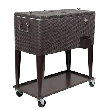 80 Quart Qt Rolling Cooler Ice Chest Cart for Outdoor Patio Deck Party, Dark Brown Wicker Faux Rattan Tub Trolley, Portable Backyard Party Drink Beverage Bar, Wheels with Shelf & Bottle Opener