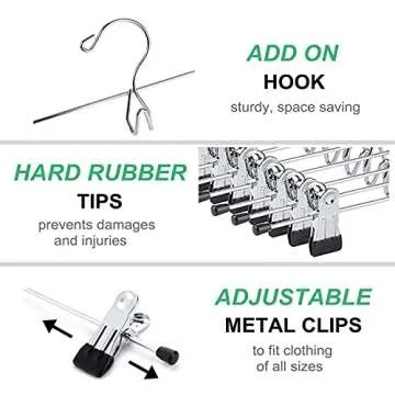Amber Home 12 Pack Heavy Duty Add on Metal Pants Skirt Hangers, Stackable Add-on Metal Clothes Hange...