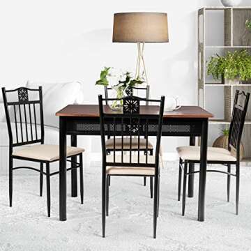 Tangkula 5 Piece Dining Table and Chairs Set Vintage Retro Wood Top Metal Frame Padded Seat Dining T...