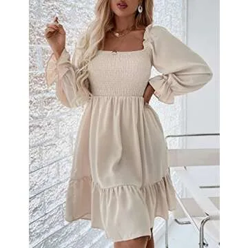 Pasgreson Square Neck Smocked Dress for Women Ruffle Hem Short Mini Dresses with Long Puff Sleeve, Apricot, S