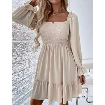 Pasgreson Square Neck Smocked Dress for Women Ruffle Hem Short Mini Dresses with Long Puff Sleeve, Apricot, S