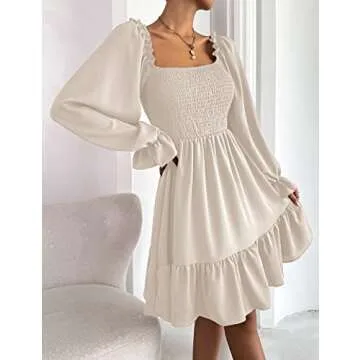 Pasgreson Square Neck Smocked Dress for Women Ruffle Hem Short Mini Dresses with Long Puff Sleeve, Apricot, S