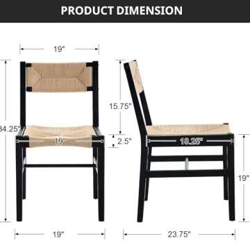 Mid Century Modern Rattan Dining Chairs Set of 4 Black Beechwood Kitchen Chairs Farmhouse Woven Dini...