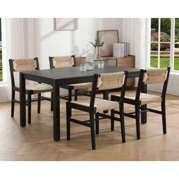 Mid Century Modern Rattan Dining Chairs Set of 4 Black Beechwood Kitchen Chairs Farmhouse Woven Dining Room Chairs Armless Boho Cane Wicker Chair Wooden Dining Chairs with Weave Hemp Seat and Backrest