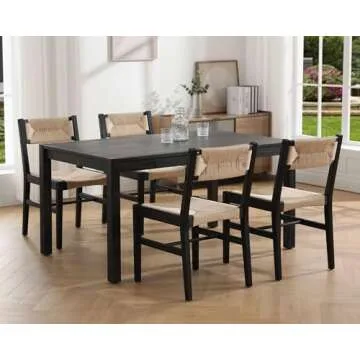 Mid Century Modern Rattan Dining Chairs Set of 4 Black Beechwood Kitchen Chairs Farmhouse Woven Dining Room Chairs Armless Boho Cane Wicker Chair Wooden Dining Chairs with Weave Hemp Seat and Backrest