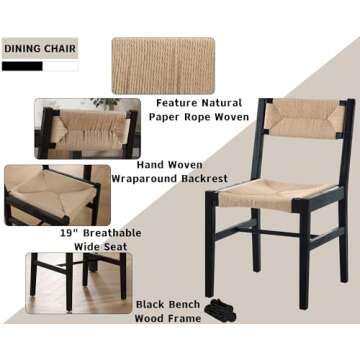 Mid Century Modern Rattan Dining Chairs Set of 4 Black Beechwood Kitchen Chairs Farmhouse Woven Dining Room Chairs Armless Boho Cane Wicker Chair Wooden Dining Chairs with Weave Hemp Seat and Backrest
