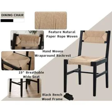 Mid Century Modern Rattan Dining Chairs Set of 4 Black Beechwood Kitchen Chairs Farmhouse Woven Dining Room Chairs Armless Boho Cane Wicker Chair Wooden Dining Chairs with Weave Hemp Seat and Backrest