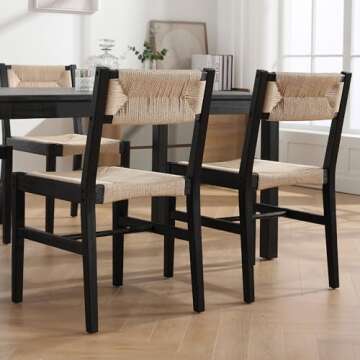Mid Century Modern Rattan Dining Chairs Set of 4 Black Beechwood Kitchen Chairs Farmhouse Woven Dining Room Chairs Armless Boho Cane Wicker Chair Wooden Dining Chairs with Weave Hemp Seat and Backrest