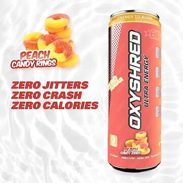 EHP Labs OxyShred Healthy Energy Drink - Zero Sugar Energy Drinks with Amino Acids, Green Tea Extract, Vitamin C & L Carnitine - Zero Carbs, Zero Calories, Clean Caffeine, Peach Candy Rings (12-Pack)