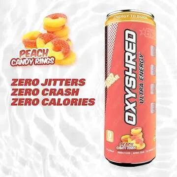 EHP Labs OxyShred Healthy Energy Drink - Zero Sugar Energy Drinks with Amino Acids, Green Tea Extract, Vitamin C & L Carnitine - Zero Carbs, Zero Calories, Clean Caffeine, Peach Candy Rings (12-Pack)