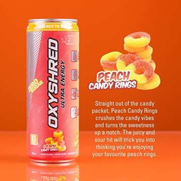EHP Labs OxyShred Healthy Energy Drink - Zero Sugar Energy Drinks with Amino Acids, Green Tea Extract, Vitamin C & L Carnitine - Zero Carbs, Zero Calories, Clean Caffeine, Peach Candy Rings (12-Pack)