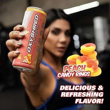 EHP Labs OxyShred Healthy Energy Drink - Zero Sugar Energy Drinks with Amino Acids, Green Tea Extract, Vitamin C & L Carnitine - Zero Carbs, Zero Calories, Clean Caffeine, Peach Candy Rings (12-Pack)