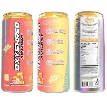EHP Labs OxyShred Healthy Energy Drink - Zero Sugar Energy Drinks with Amino Acids, Green Tea Extract, Vitamin C & L Carnitine - Zero Carbs, Zero Calories, Clean Caffeine, Peach Candy Rings (12-Pack)