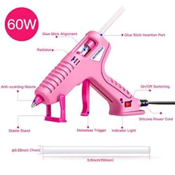 Hot Glue Gun, BOTTERRUN 60W Mini Hot Melt Glue Gun Kit with 15pcs 5.9inch Adhesive Glue Sticks and Practical Stand, Professional Quick Heating for DIY Arts Crafts Sealing School Home Repairs - Pink