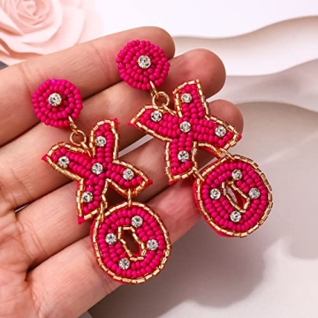 Valentine’s Day Earrings Beaded XOXO Drop Earrings Fashion Trendy Crystal Big Love Dangle Hot Pink Earrings for Women Statement Jewelry (Rosy XO)