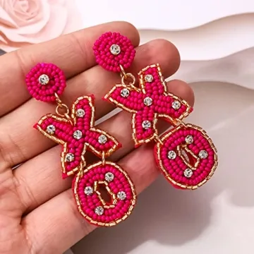 Valentine’s Day Earrings Beaded XOXO Drop Earrings Fashion Trendy Crystal Big Love Dangle Hot Pink Earrings for Women Statement Jewelry (Rosy XO)