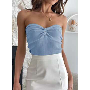 EFAN Womens Tube Tops Summer Sweater Twist Knot Front Knit Bandeau Strapless Ribbed Sleeveless Y2K Corset Crop Top Baby Blue XS