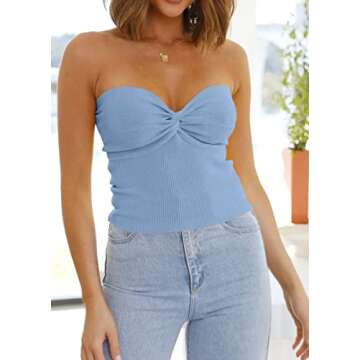 EFAN Womens Tube Tops Summer Sweater Twist Knot Front Knit Bandeau Strapless Ribbed Sleeveless Y2K Corset Crop Top Baby Blue XS