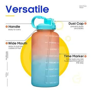 Giotto Large 1 Gallon/128oz (When Full) Motivational Water Bottle with Time Marker & Straw, Leakproof Tritan BPA Free for Fitness-Orange/Green Gradient