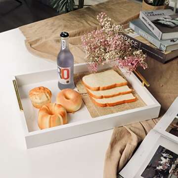 JJSQYLAN Wooden Serving Tray with Handles Rectangle Breakfast Tray for Coffee Table Decorative Ottoman Tray 16”x 12” for All Occasion's (White)