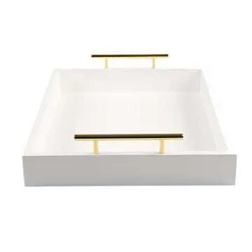 JJSQYLAN Wooden Serving Tray with Handles Rectangle Breakfast Tray for Coffee Table Decorative Ottoman Tray 16”x 12” for All Occasion's (White)