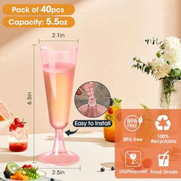 SUREHOME Pink Champagne Flutes Plastic Champagne Glasses Disposable Mimosa Glasses 40 Pack 5.5 Oz Clear Acrylic Stemware Cocktail Cups Bulk for Valentines Wedding Toasting Engagement Party Supplies