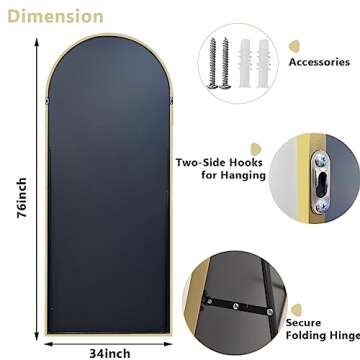 Easly Oversized Full-Body Mirror, 76" x 34" Arched Full-Length Mirror, Gold Metal Frame, Floor Mirror for Bedroom, Living/Dressing Room, Gym - Stand/Wall Mounted/Leaning